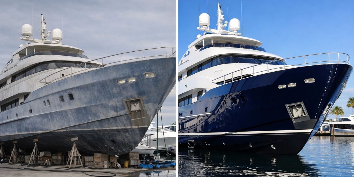 Before and after yacht restoration showing a dirty and a pristine vessel.
