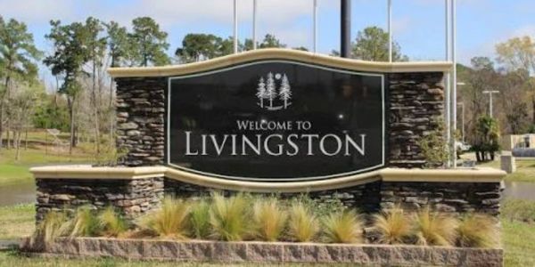 Welcome sign for Livingston with ornamental stone design.