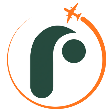 Travel company logo with an airplane circling an abstract 'r'.