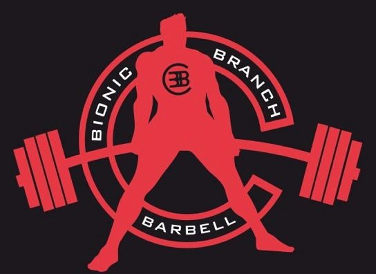 Red silhouette lifting barbell with Bionic Branch Barbell logo.