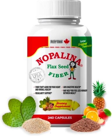 Nopalina Flax Seed Fiber dietary supplement bottle with fruits and seeds.