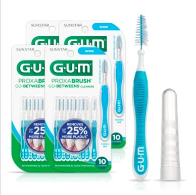 GUM Proxabrush interdental cleaners with blue handles and protective caps.