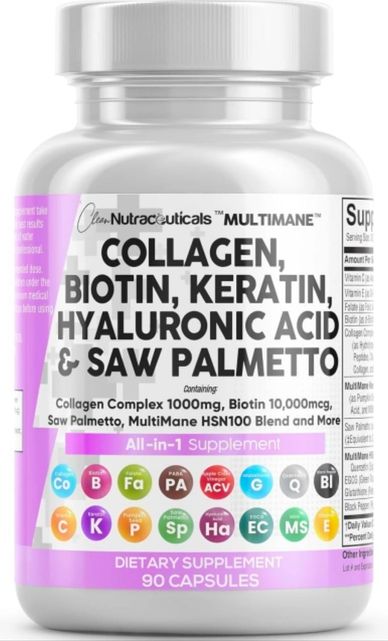 Bottle of collagen, biotin, keratin, hyaluronic acid, and saw palmetto supplement.