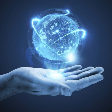 Hand holding a glowing digital globe with network connections.