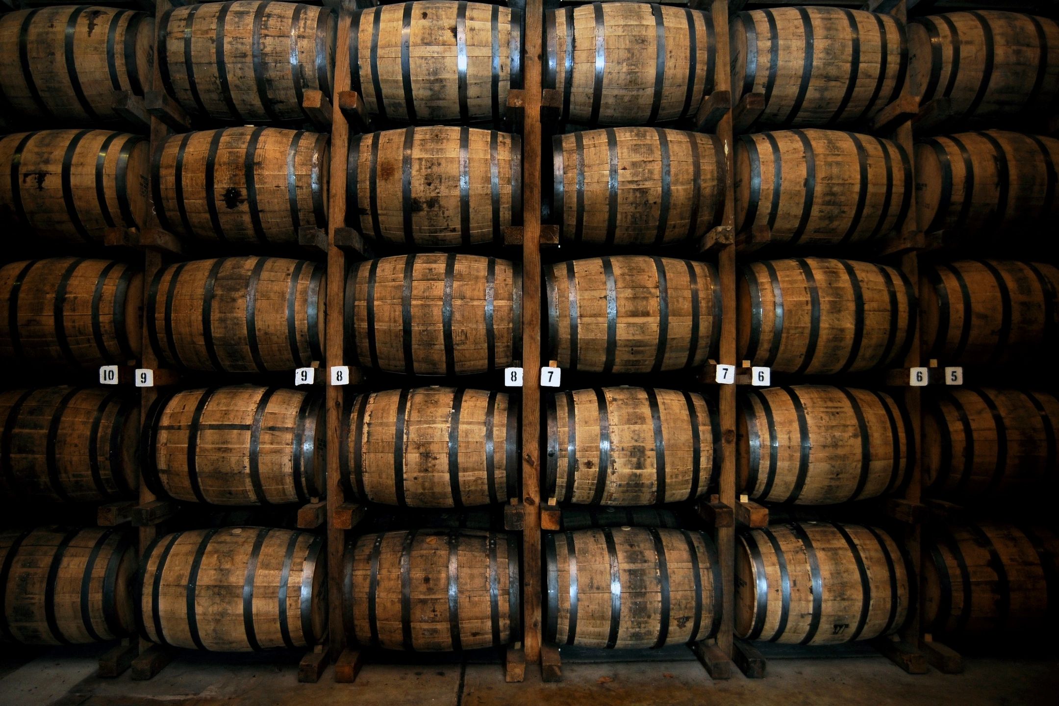 Photo of wooden beer barrels stacked