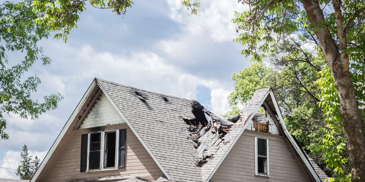 Tornado or fallen tree damage to a roof.