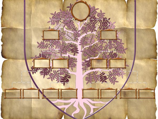 A vintage-style family tree with empty name frames on an old parchment background.