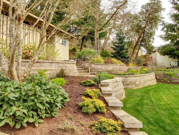 Double tiered retaining wall system with decorative landscaping. 