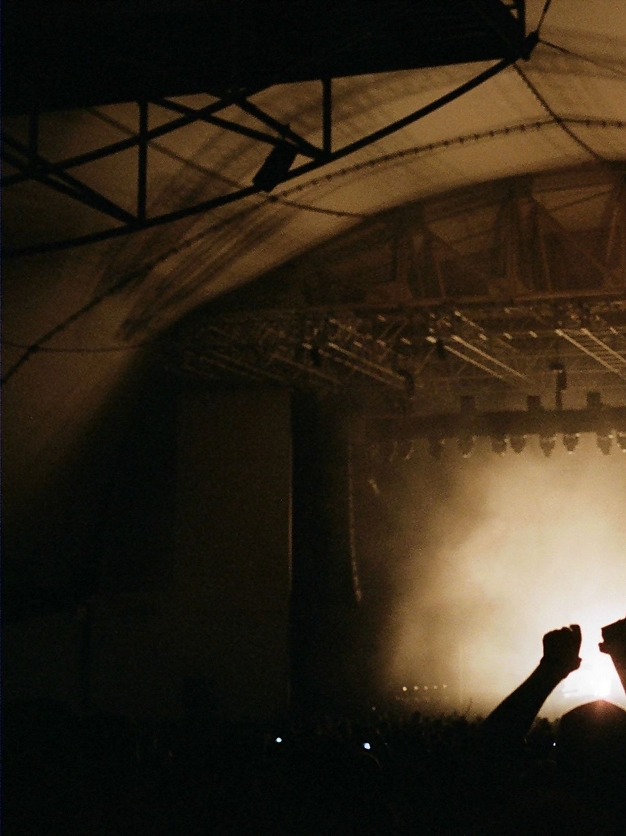 Hands raised at a concert in dim lighting.
