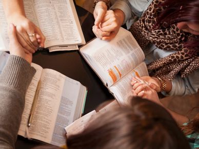 People holding hands and reading Bibles together in a group.