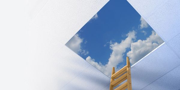 An image of a ladder reaching for the sky through the ceiling 