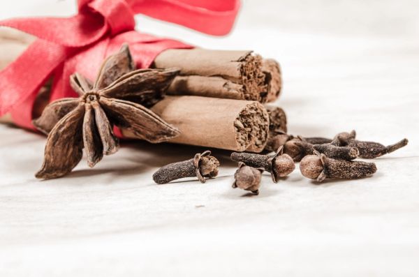 Close-up of cinnamon sticks, star anise, and cloves.