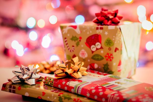 Christmas presents wrapped with bows.