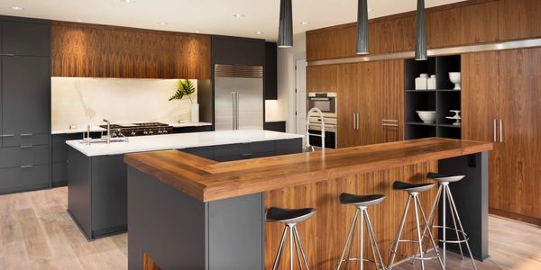 Modern kitchen with dark wood cabinets