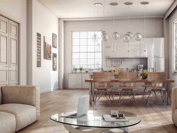 An open kitchen with a living area