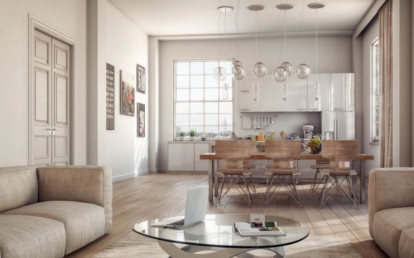 Modern open-plan living room and kitchen with natural light.