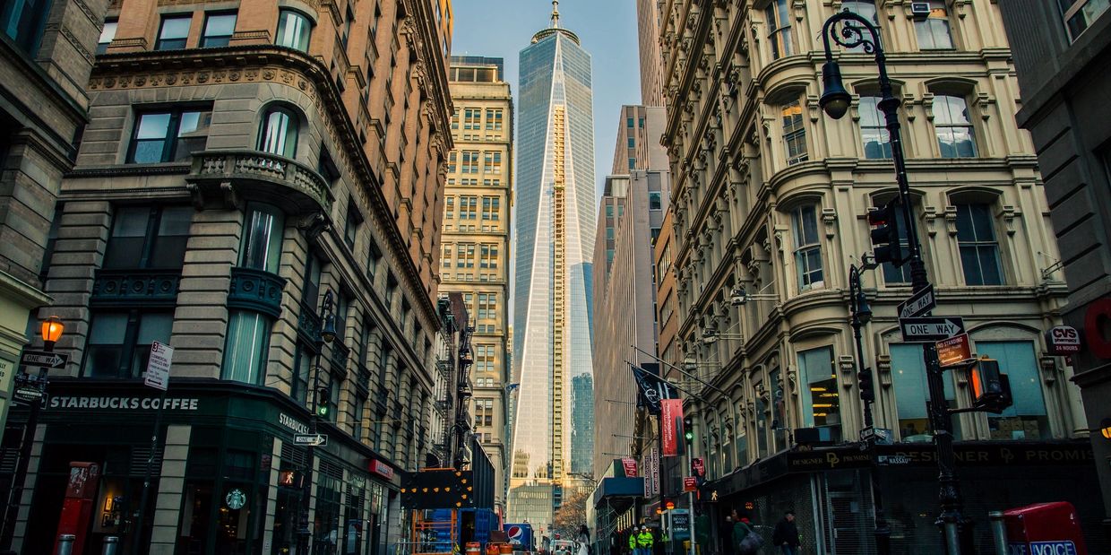 NYC streetview looking up at One World Trade Center. 