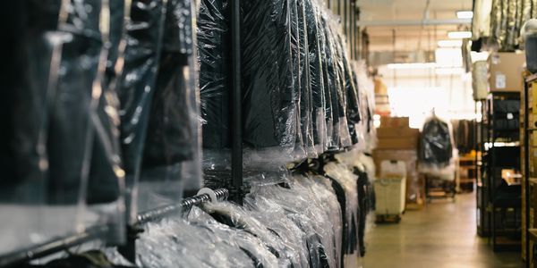 Picture of Drycleaning and laundry in rack at a storefront