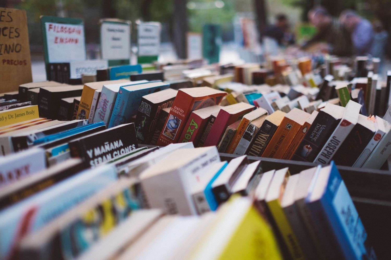 Rows of used books laid out on a table with various titles and colors.