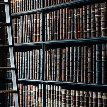 Rows of old, leather-bound books on library shelves with a wooden ladder.