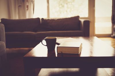 View of the sofa, cup and book on the table