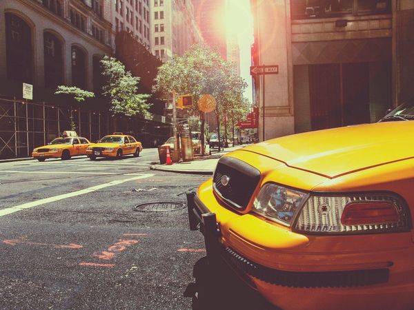Yellow taxis on a sunlit city street with buildings in the background.