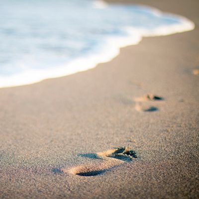 Footprints in the sand near the ocean