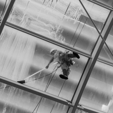 A window cleaner suspended outside a building cleaning glass panels.