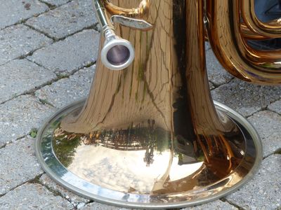 Close-up of a brass instrument bell reflecting the surroundings on pavement.