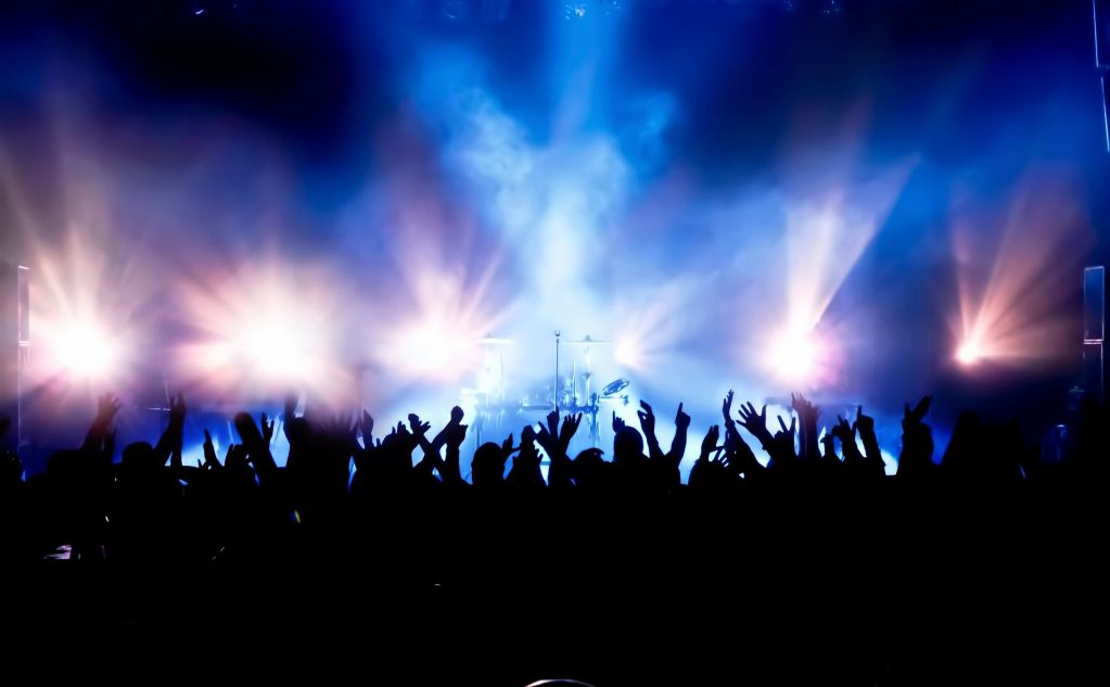 Silhouetted crowd enjoying a concert with vibrant stage lights.