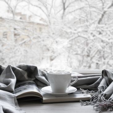 snowy day, cozy, cup of tea, book