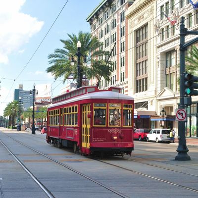 A red streetcar travels down a city street lined with palm trees and historic buildings.