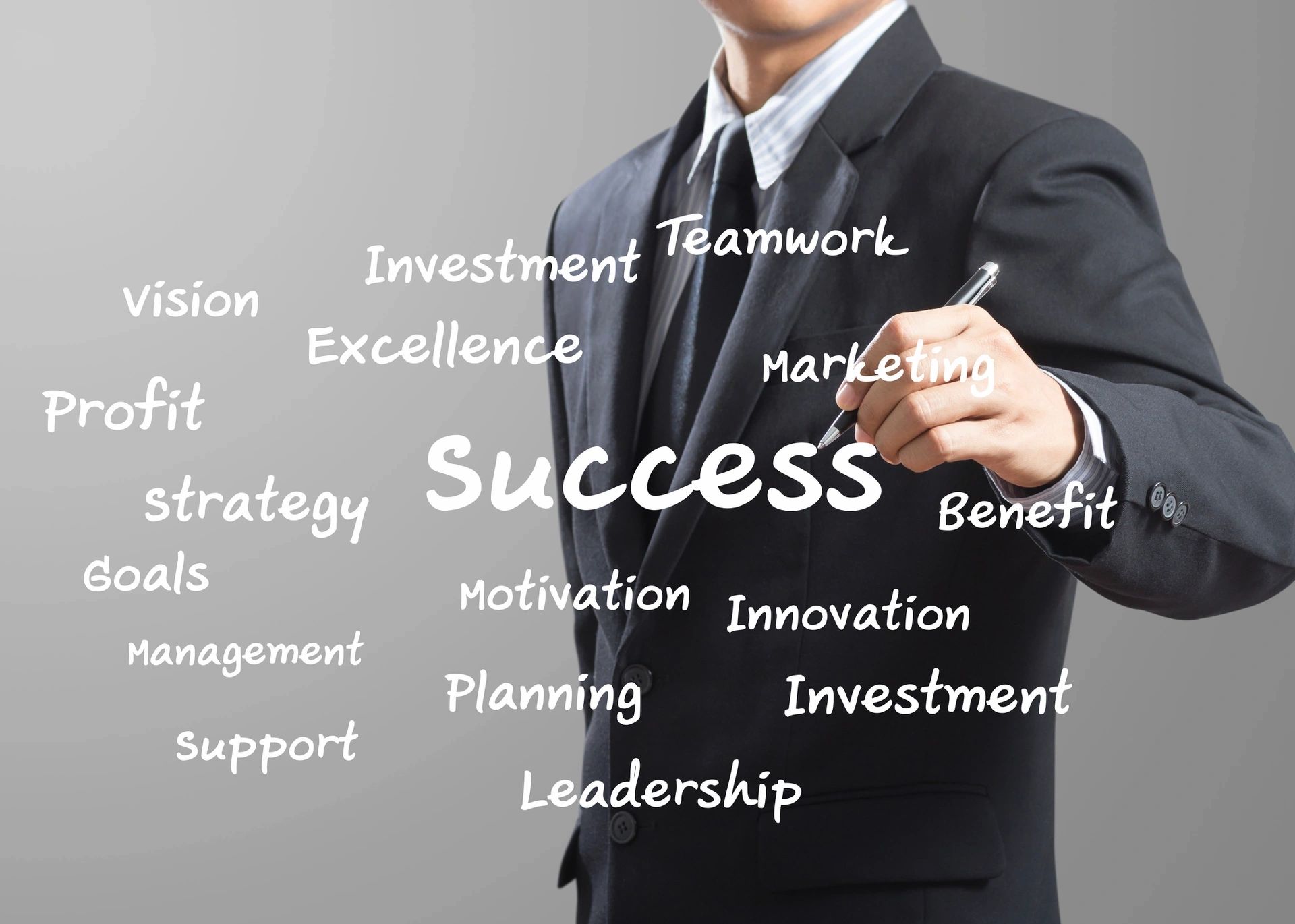 Businessman in suit highlighting key success words like teamwork and innovation.