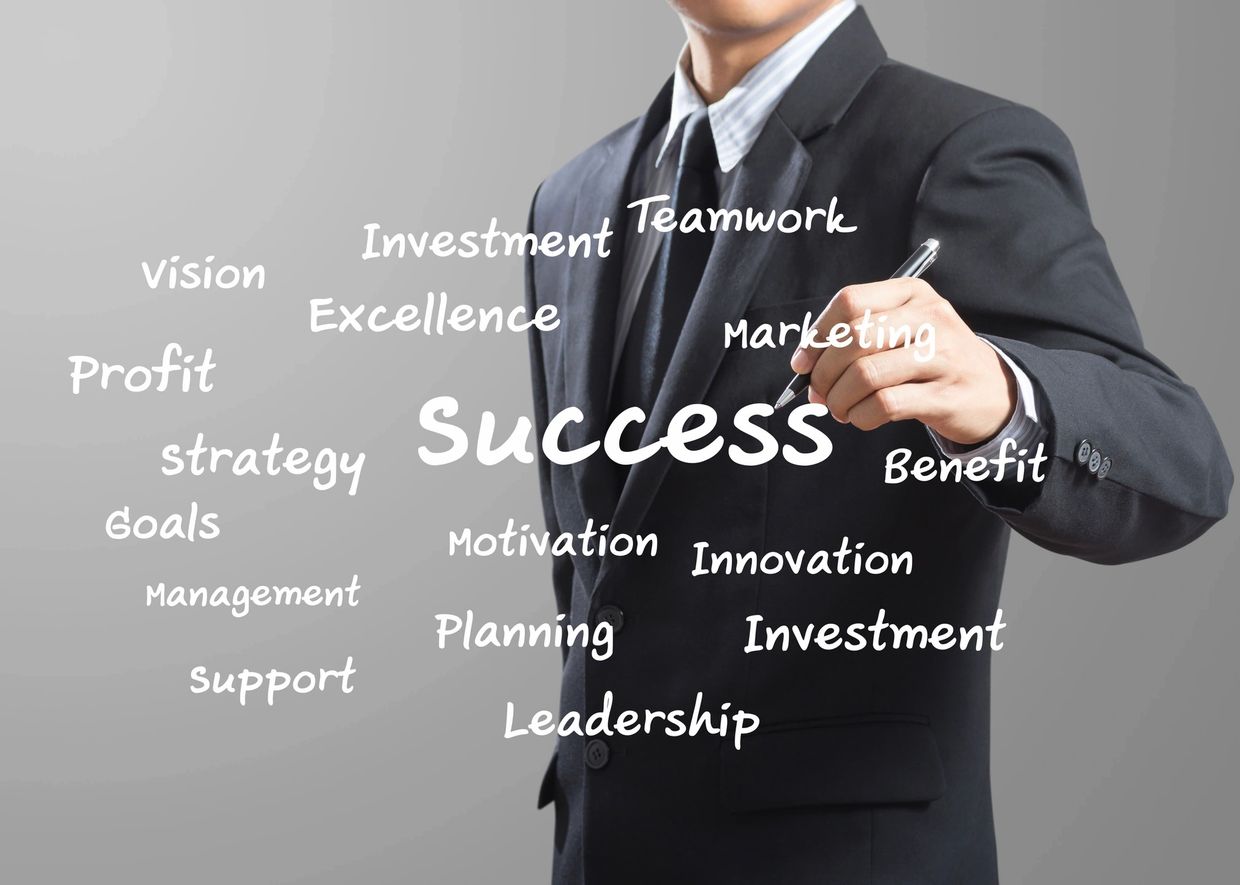 Businessman in suit highlighting success and related concepts in white text.