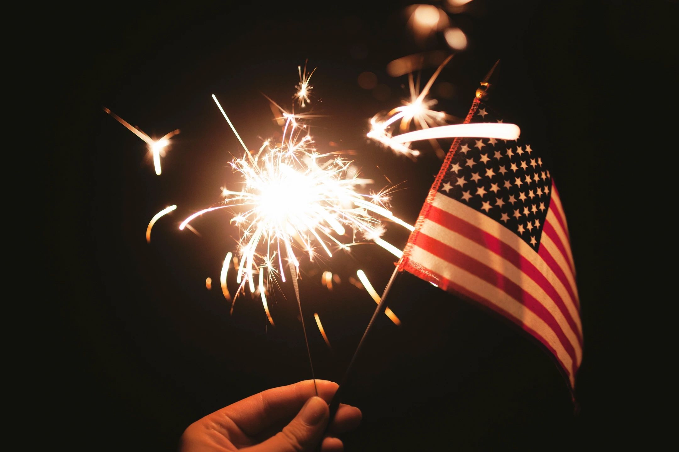Hand holding sparklers and an American flag against a dark background.