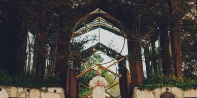 A person standing in front of a mirrored building in a forest.