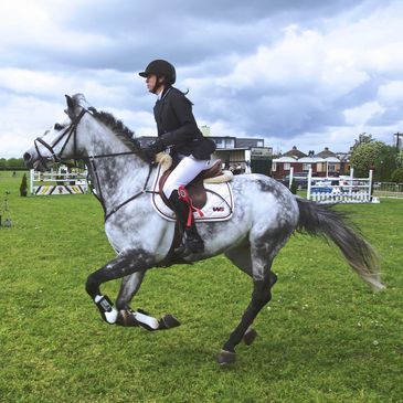 Equestrian rider on a galloping gray horse in a grassy field under cloudy sky.