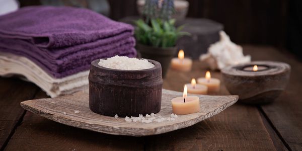 therapeutic salt on a wooden table.