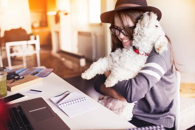 Woman sitting at a desk with a white dog working on her Facebook ads for her pet business