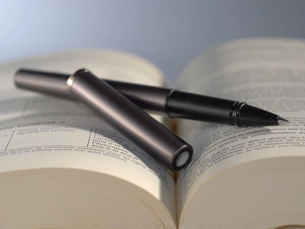 Black pen resting on an open book with text in French.