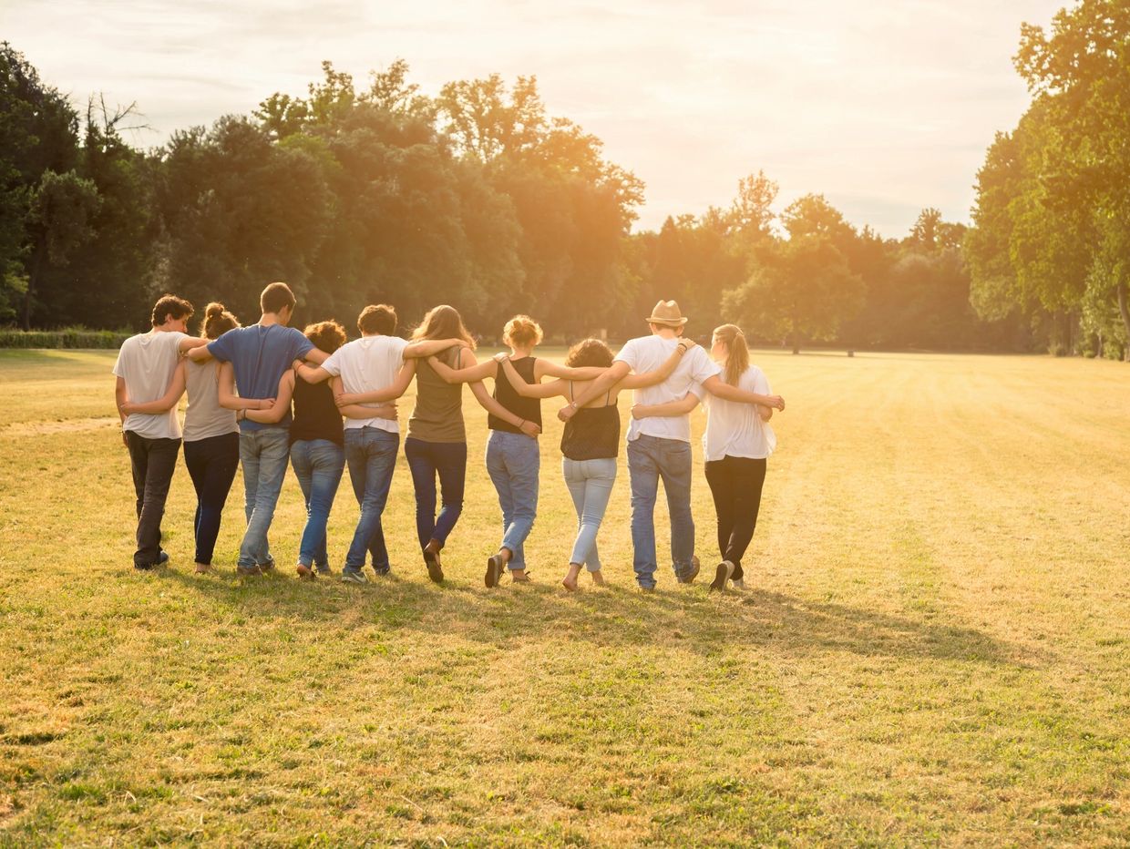 Group of friends walking arm-in-arm in a sunlit field at sunset.