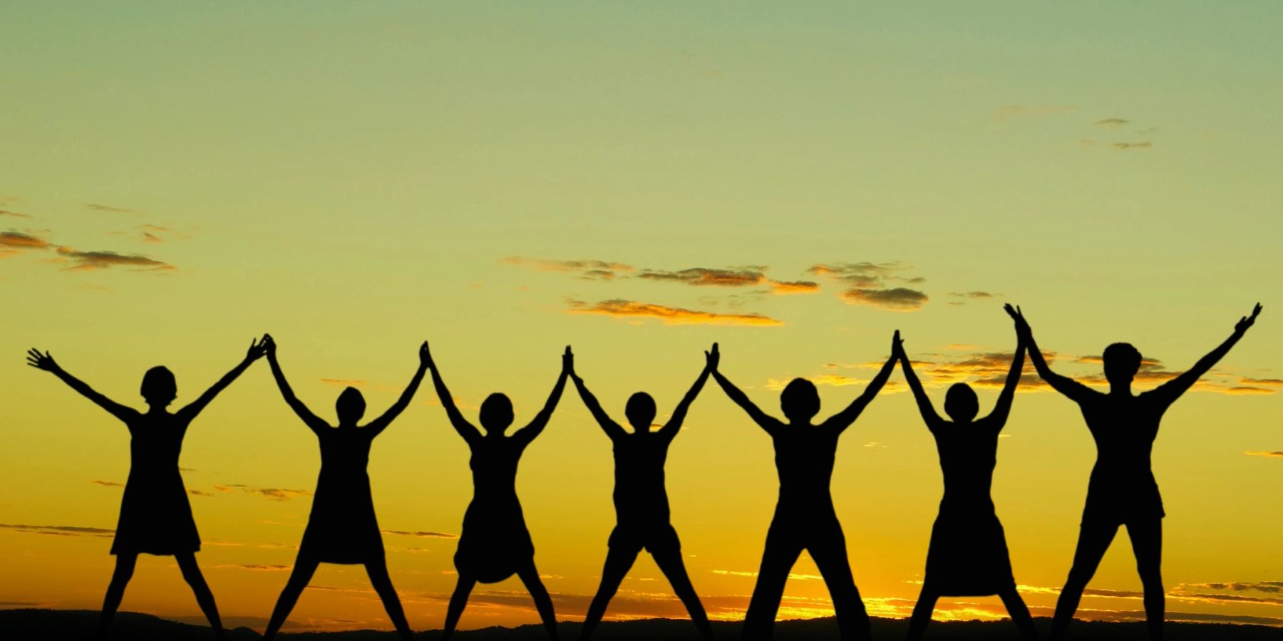 Silhouettes of people holding hands against a sunset sky