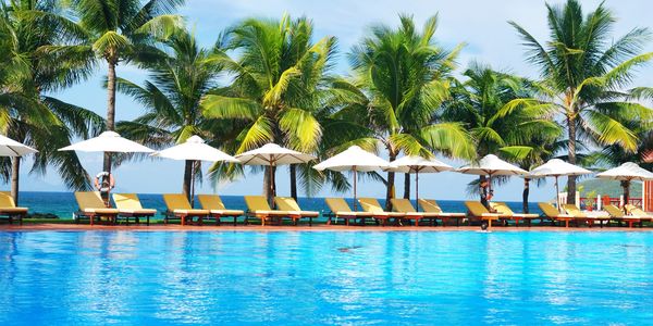 Bright blue pool with chairs, umbrellas, and palm trees in the background