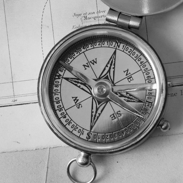 Vintage brass compass resting on old map papers.