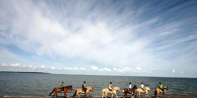 Group riding horses along the beach under a cloudy sky.
