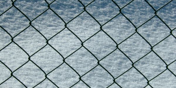 Chain-link fence with snow-covered ground behind it.