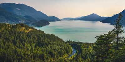 Scenic view of a lake surrounded by forested mountains.