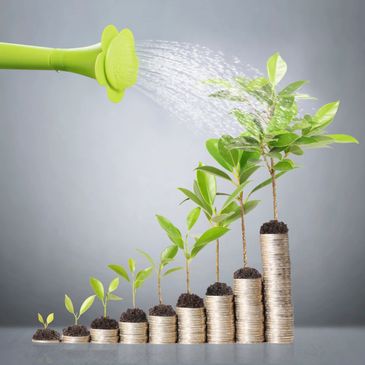 watering can watering coins with greenery on top to show growth