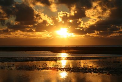 Sunset with golden clouds reflecting on calm water.