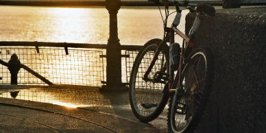 Bicycle parked beside a concrete wall near a sunlit waterfront at sunset.